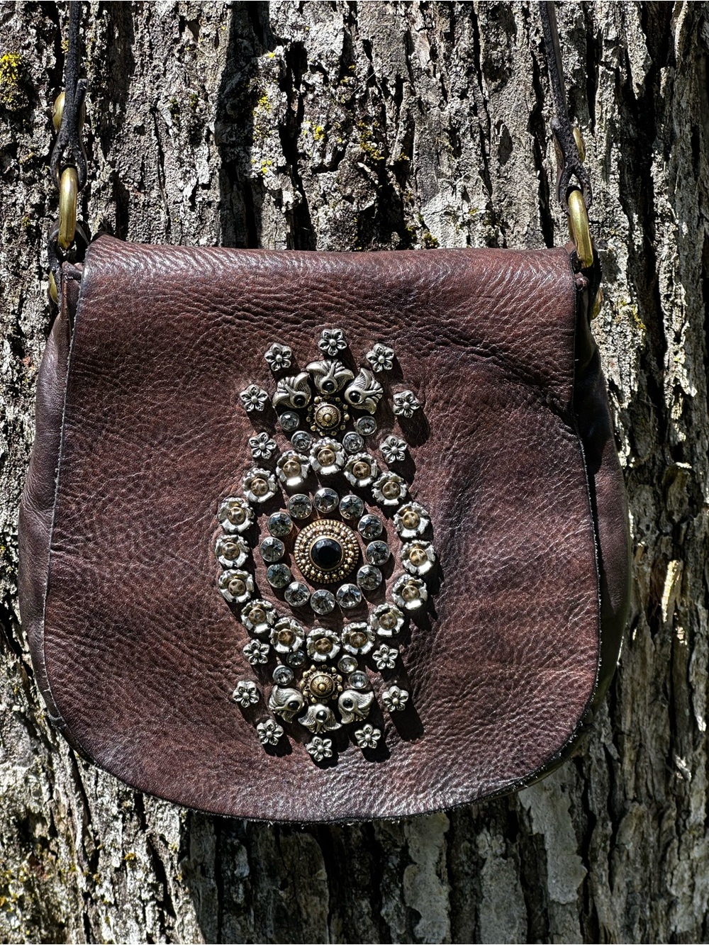 Campomaggi Brown Leather Crossbody with Ornate Metal Stud Embellishment
